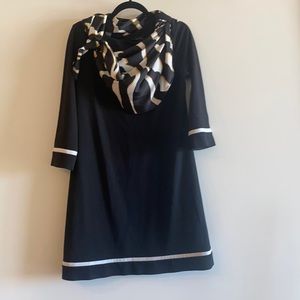 Tahari black with white detail and attached silk scarf dress.